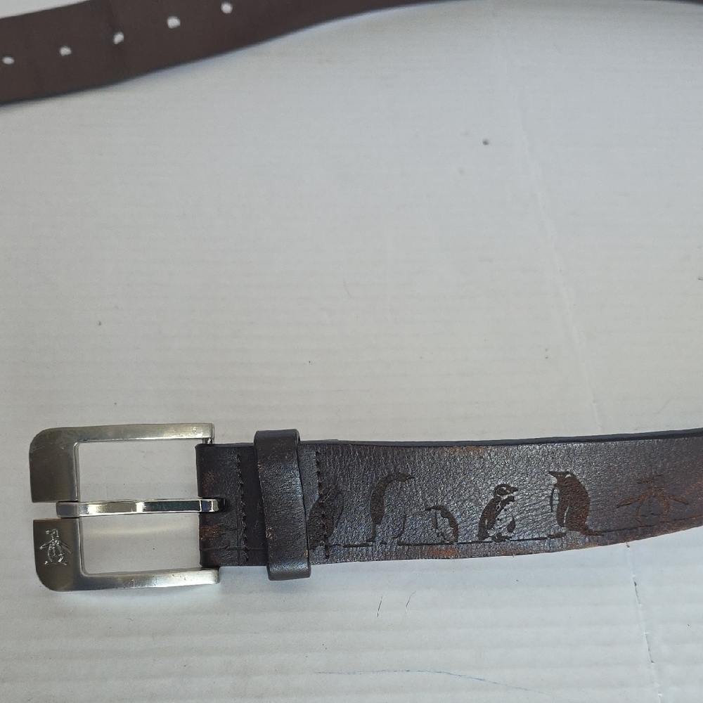Original Penguin Brown Leather Belt with Penguin Embossed Motif Size 36